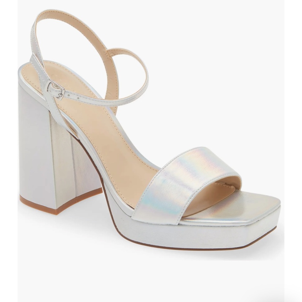Open Edit Noella Ankle Strap Silver Platform Heels Size 10 - Picture 1 of 6